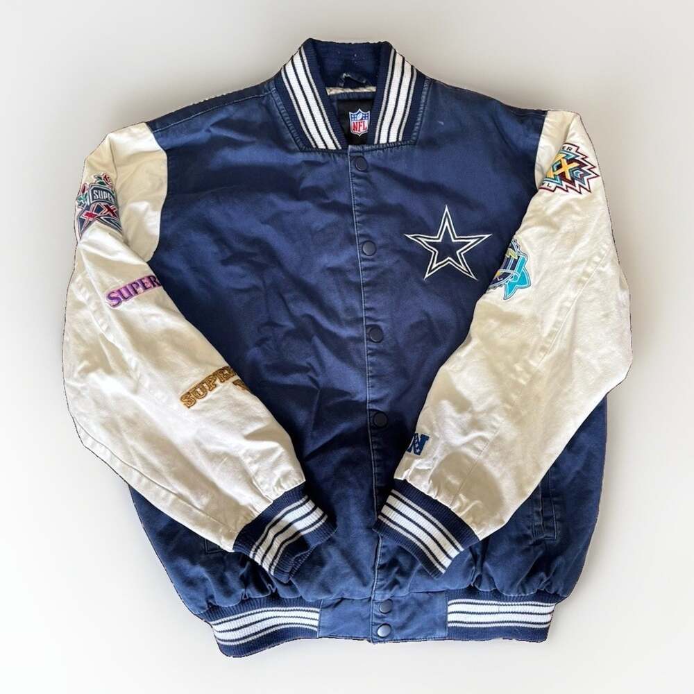 NFL Dallas Cowboys Super Bowl Champions Varsity Jacket Patchwork Navy White Lrg